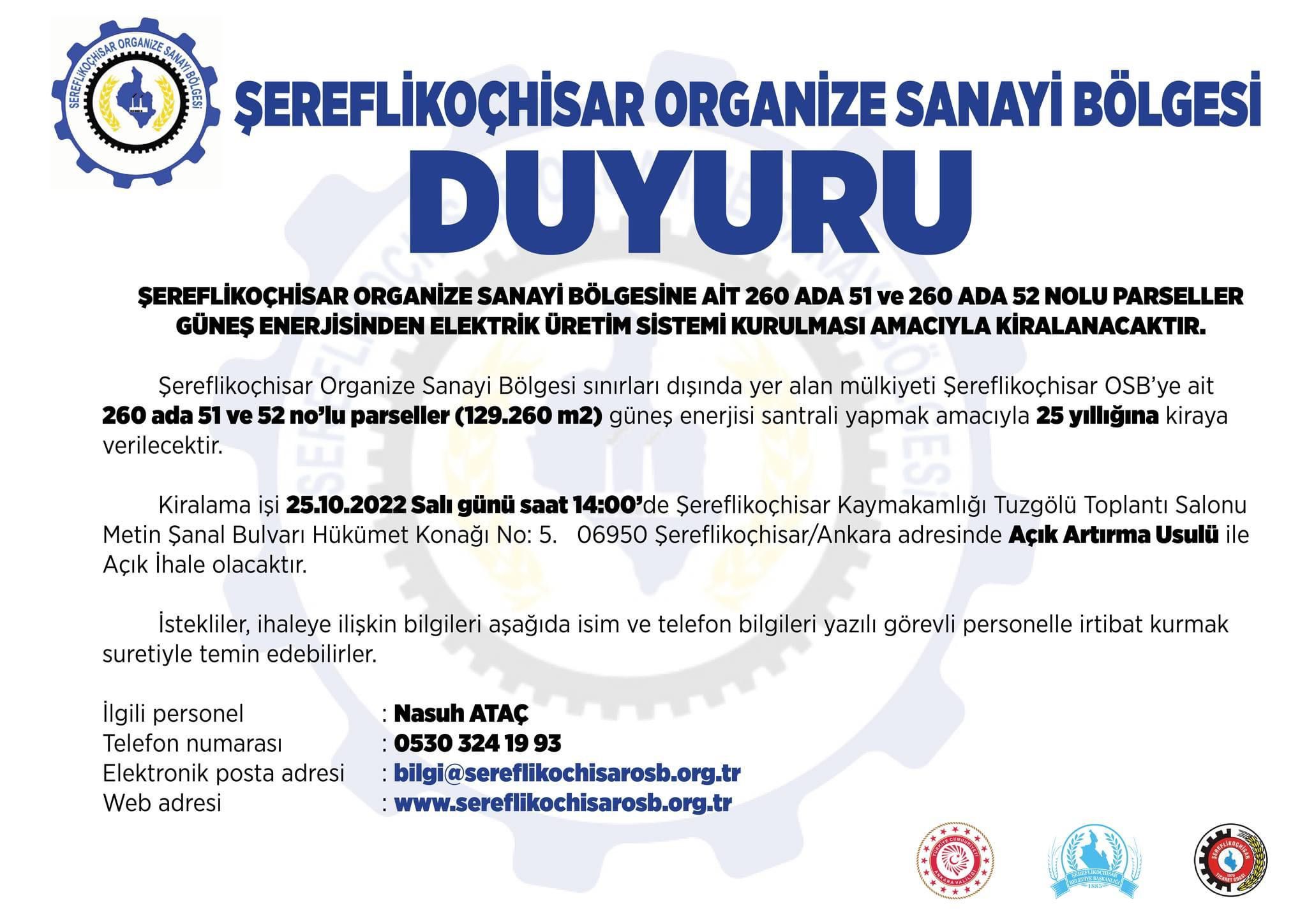  ŞEREFLİKOÇHİSAR ORGANİZE SANAYİ BÖLGESİ DUYURU!  
