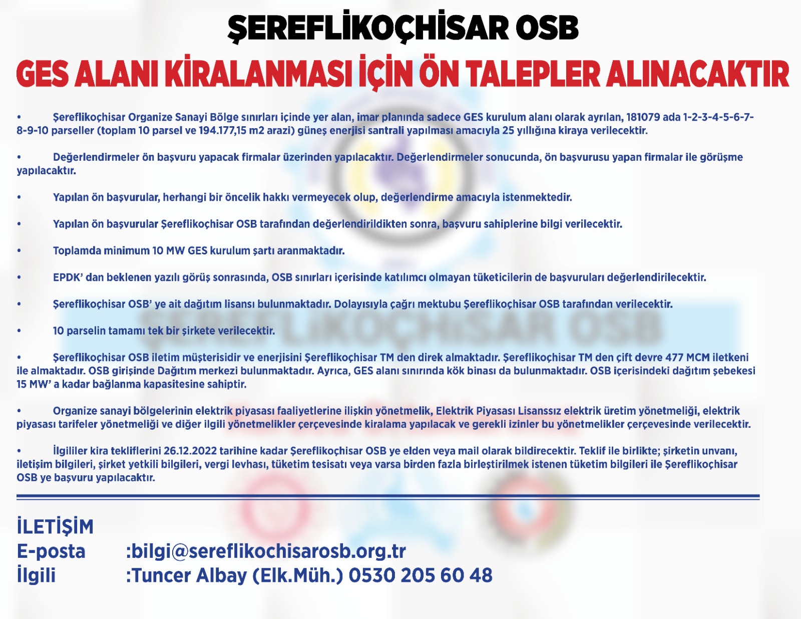  ŞEREFLİKOÇHİSAR OSB- GES ALANI KİRALANMASI İÇİN ÖN TALEPLER ALINACAKTIR!!